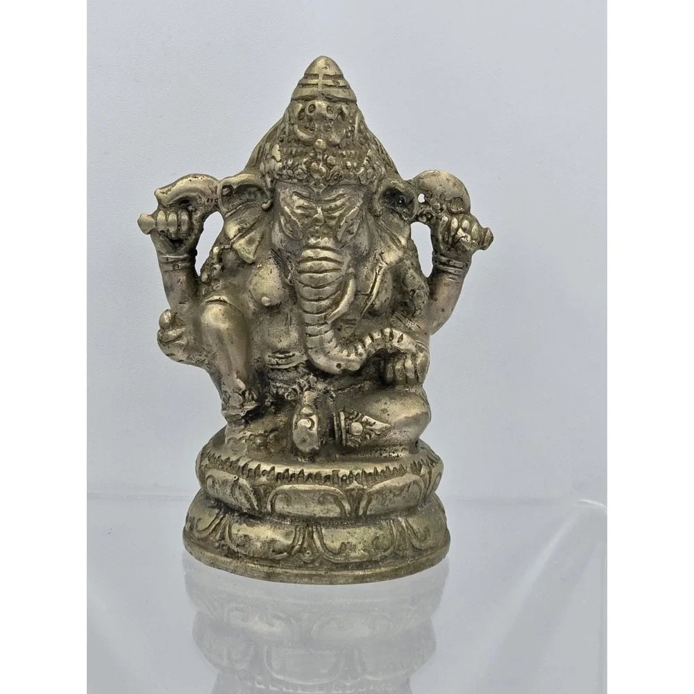 Vtg 4" Silver Plated Brass Elephant Ganesha Wealth God Buddha‎ Statue - Picture 2 of 16